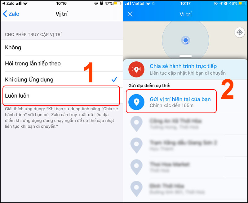 Chọn Luôn luôn > Chọn Gửi vị trí hiện tại của bạn.